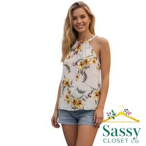 Express White Floral Halter Top S – Gold & Pink Print, Sleeveless, EUC